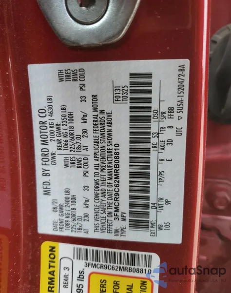 2021 Ford Bronco Sport Outer Banks from USA, damaged, VIN 3FMCR9C62MRB08810